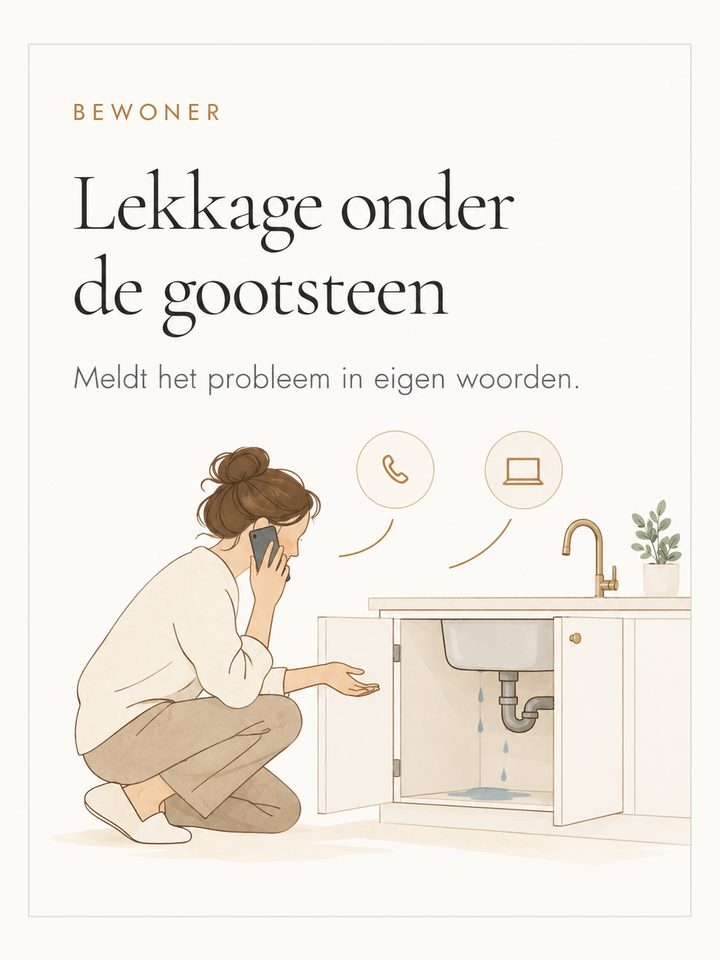 Bewoner: lekkage onder de gootsteen. Meldt het probleem in eigen woorden, via telefoon of portaal.