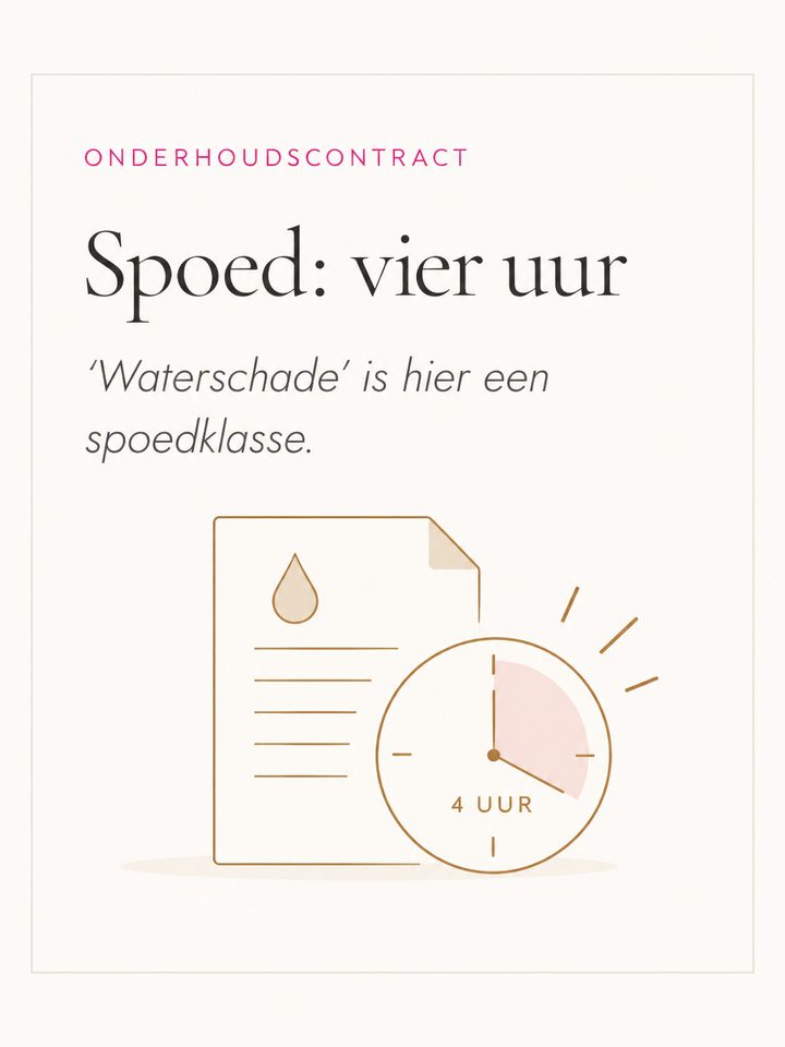 Onderhoudscontract: spoed, vier uur. ‘Waterschade’ is hier een spoedklasse.